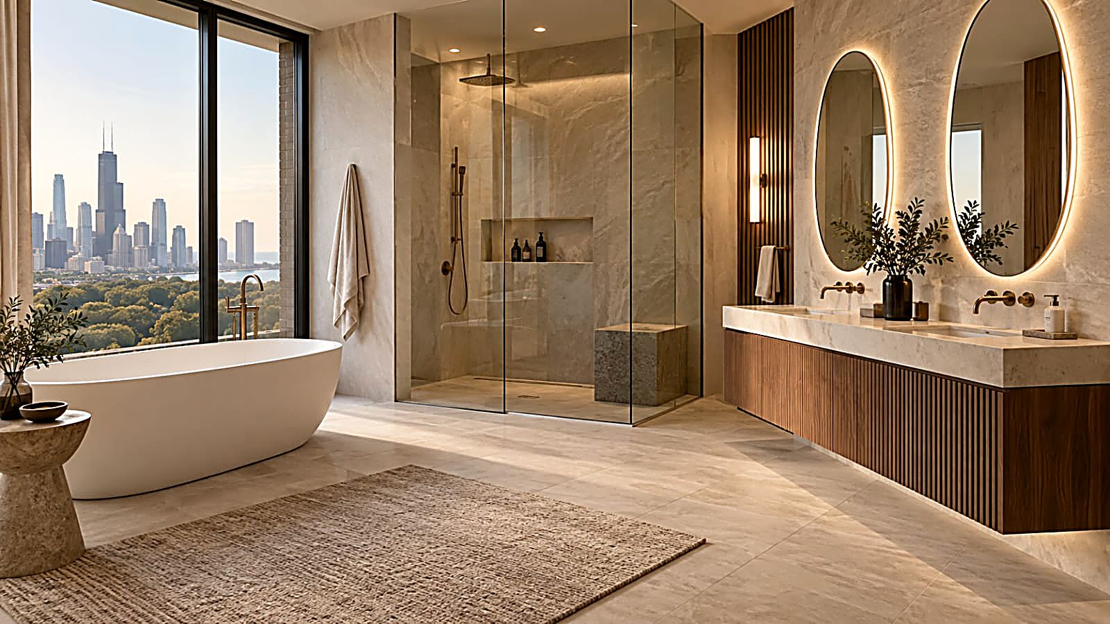 Primary bath facing the Chicago skyline