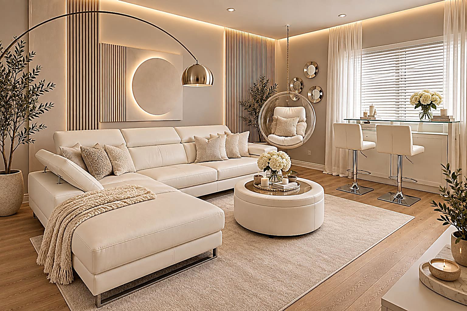 Cream sectional living room with a hanging bubble chair
