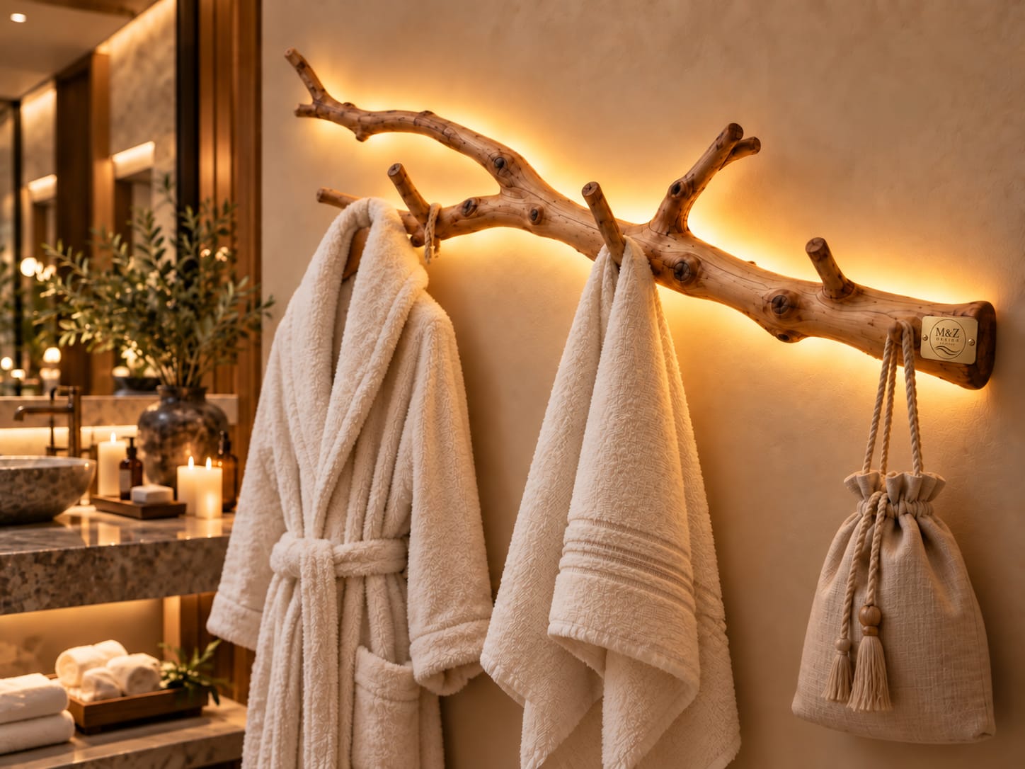 The illuminated Branch Light in a spa-style bathroom, holding a robe, a towel and a drawstring bag, with the brushed-gold M&Z plaque on the end of the branch